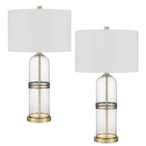 28 in. H Antique Brass Metal Table Lamp Set with Drum Shade and Matching Finial (Set of 2)