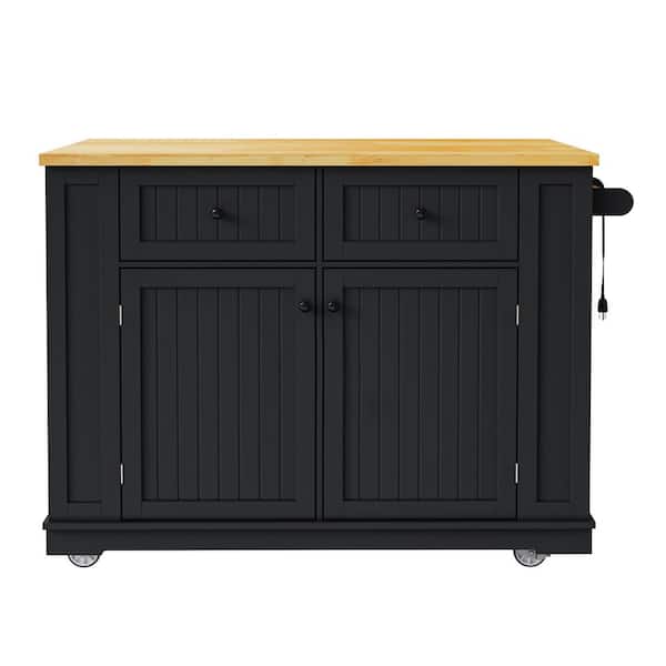 Unbranded H2O 48 in. Black Kitchen Cart Island with Drop Leaf, Power Outlet, Internal Storage Rack, 5 Wheels and Open Side Racks