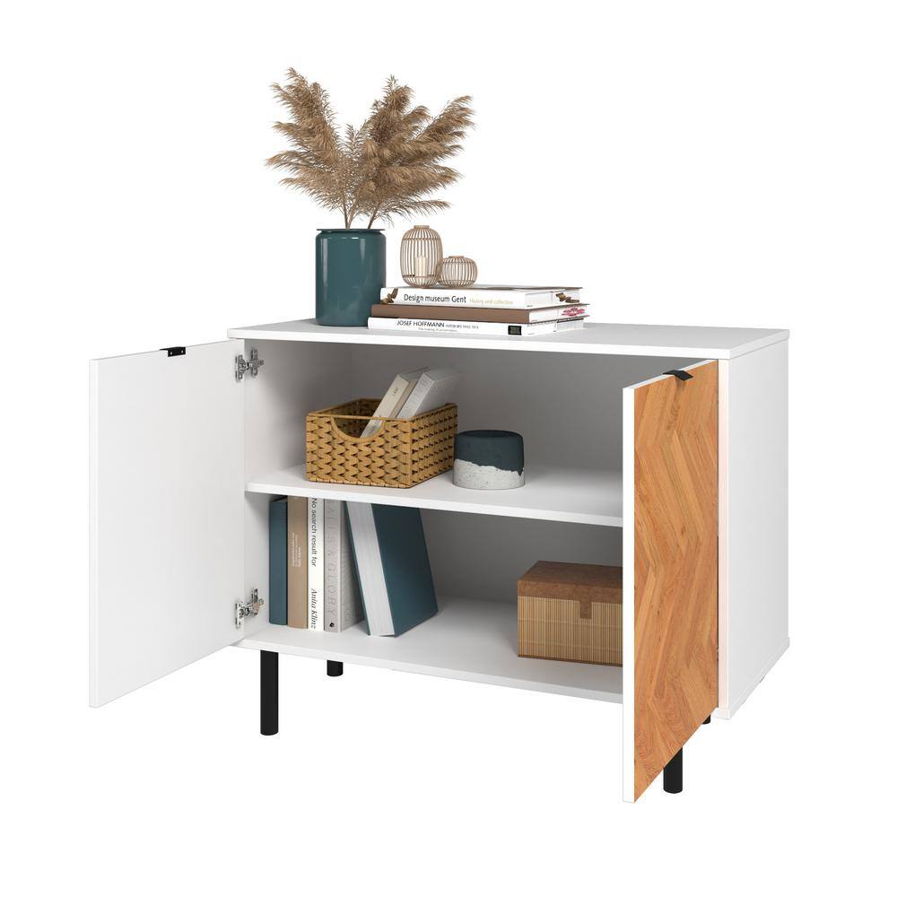 Interior view of the Liam White and Wood Print Accent Storage Cabinet with doors open.