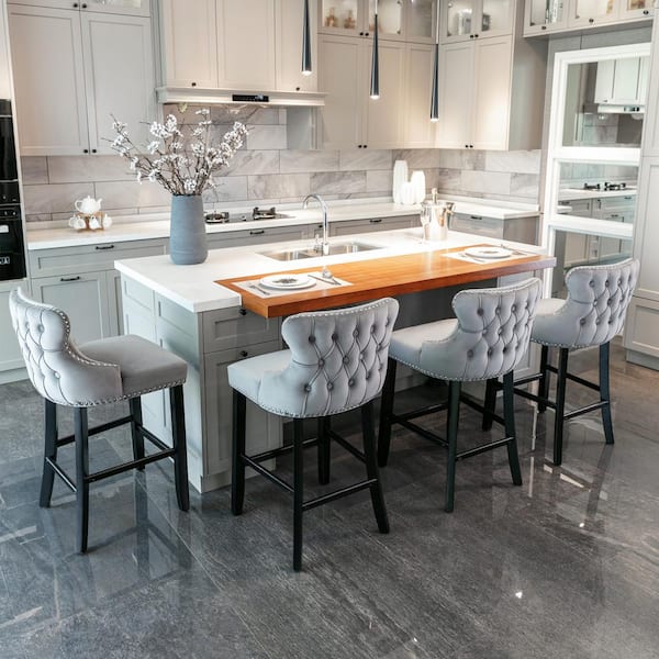 Clihome Contemporary Gray Velvet Upholstered Barstools with Wooden Legs and Chrome Nailhead Trim (Set of 4)