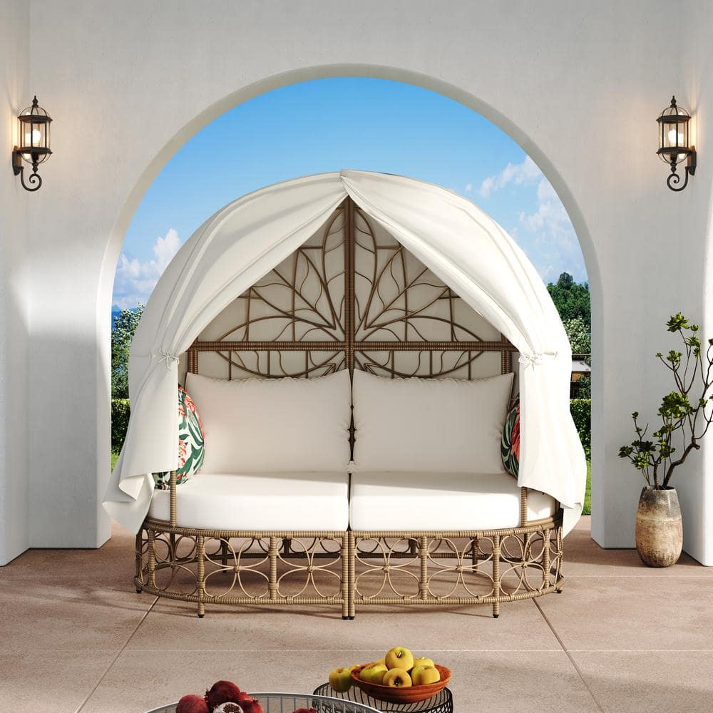 GO 59.8 in. Wicker Outdoor Patio Day Bed Sunbed with Curtains and Pillows, 