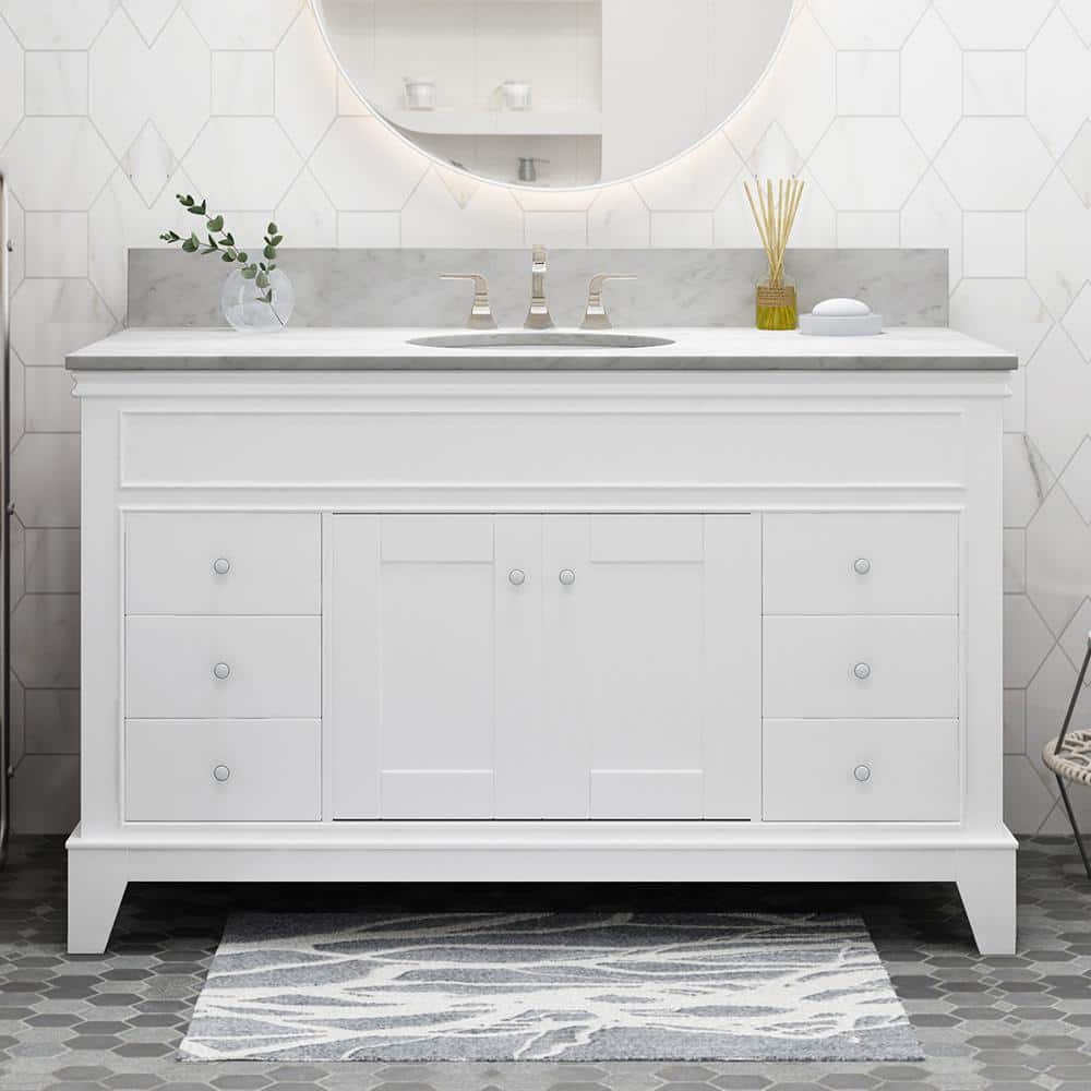 49 in. W. x 22 in. D x 40 in. H Single Sink Freestanding Bath Vanity in White with White Marble Top and Storage Cabinet price history on PriceWatchPro