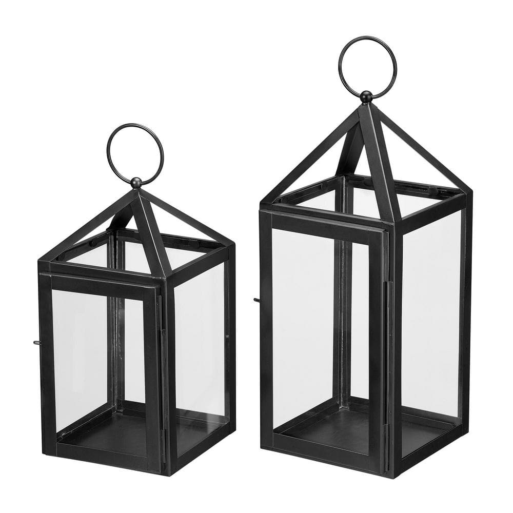 Set of 2 Black with Grey Brush Decorative Lanterns Metal Candle Hanging Lantern 