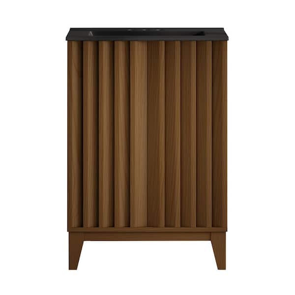 Swiss Madison Troyes 24 in. Freestanding Bathroom Vanity in Brown Oak with Black Ceramic 3-Hole Center Set Sink Top