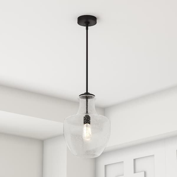 Ashworth 1-Light Indoor Contemporary Oil Rubbed Bronze Dimmable Hanging Ceiling Pendant Light, Clear Seeded Glass Shade