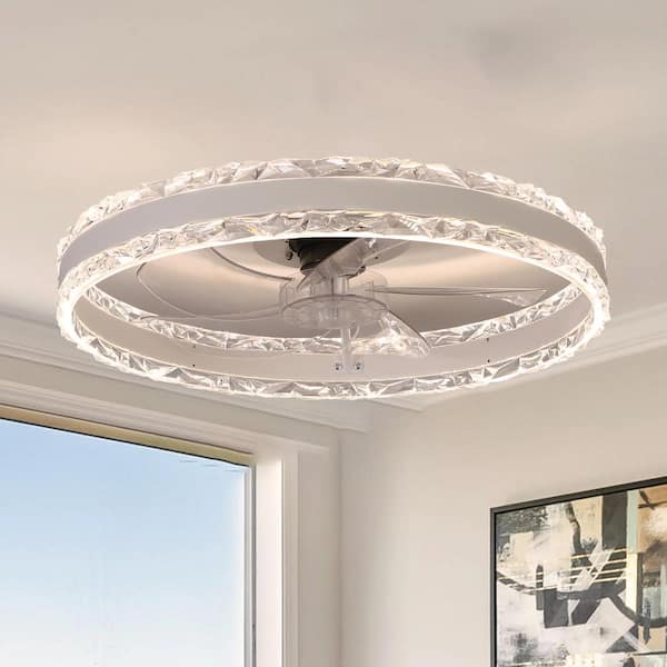 EAQUIL Catilato 16 in. 20 in. Indoor White 2 Crystal LED Ceiling Fan with Light and Remote for Low Profile Bedroom