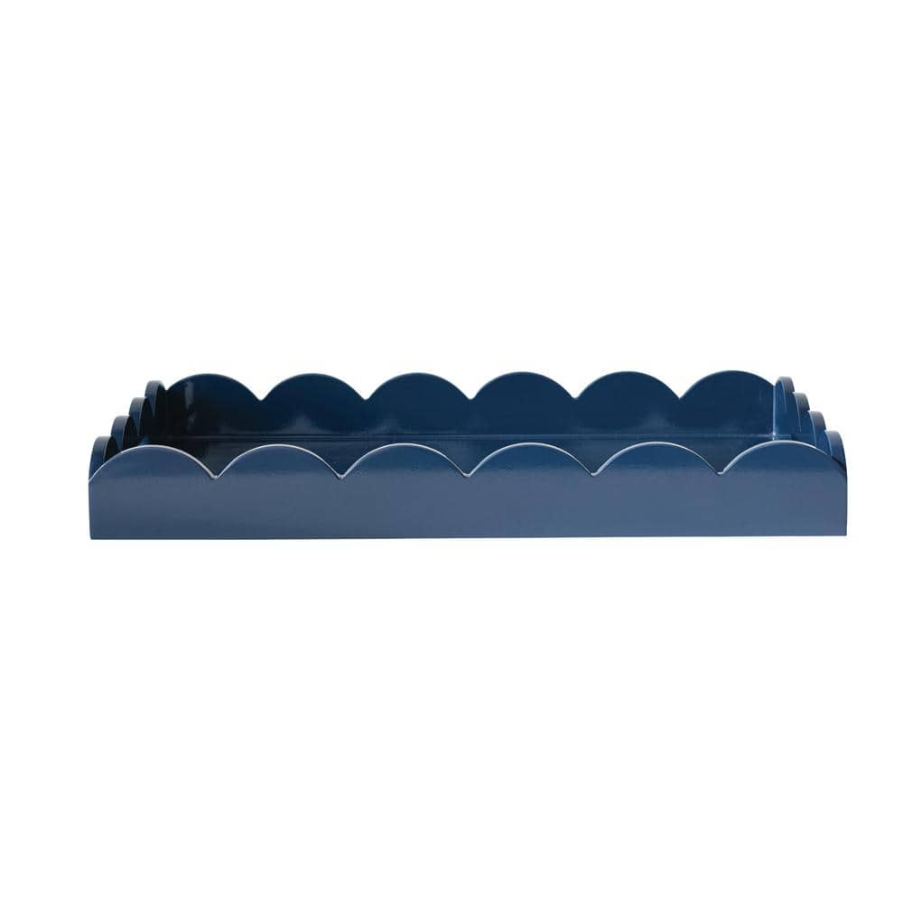Storied Home 20.5 in. W x 2.6 in. H x 20.5 in. D Rectangle Wood Navy Blue Lacquered Scalloped Tray Serving Tray with Handles