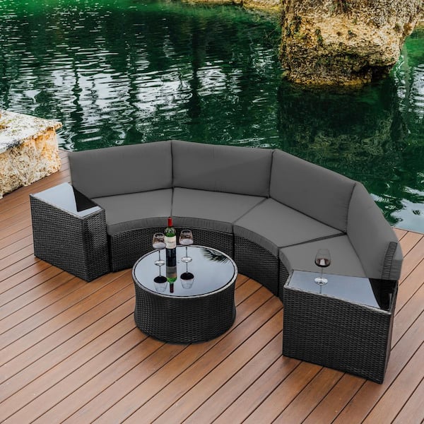 HEARTH & HARBOR 7-Piece Gray Wicker Outdoor Patio Conversation set Half-Moon Round Sectional Sofa Set with Gray Cushions and Round Table
