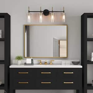Modern 4-Light Brass Gold Bathroom Vanity Light, Black Vanity Light with Open Cylinder Clear Glass Shades Wall Light