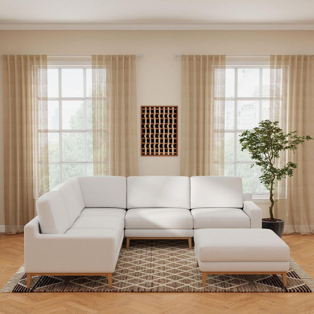 6-Piece White Polyester Upholstered Living Room Set with Ottoman and Removable Covers