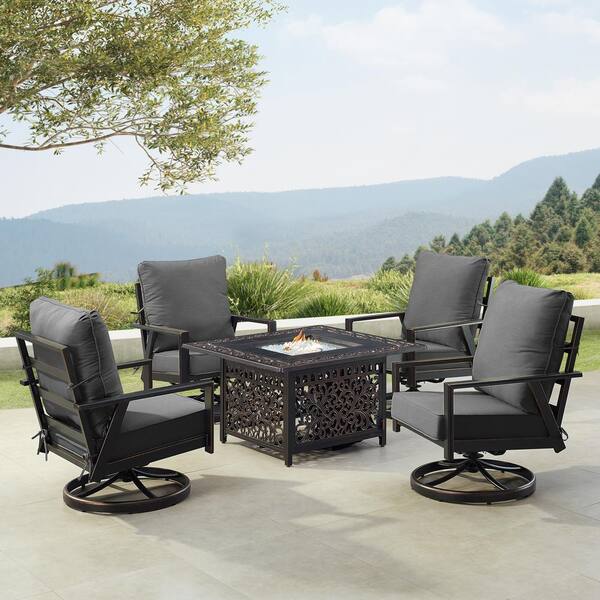 Oakland Living Black 6-Piece Aluminum Patio Fire Pit with 4-Club Chairs Black Cushions