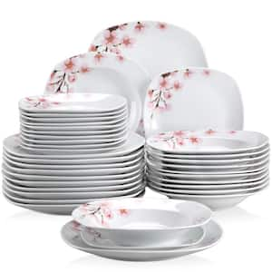 36-Piece Pink Floral Ivory White Porcelain Dinnerware (Set Service for 12)