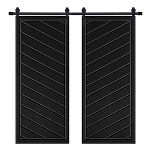 Modern FRAMED TWILL Designed 56 in. x 80 in. MDF Panel Black Painted Double Sliding Barn Door with Hardware Kit