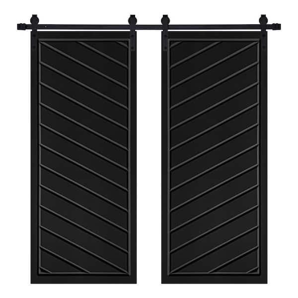 AIOPOP HOME Modern Framed Twill Designed 80 in. x 60 in. MDF Panel Black Painted Double Sliding Barn Door with Hardware Kit