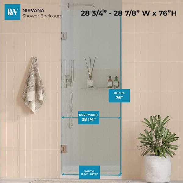Kobiworks Nirvana 28.75 in. - 27.875 in. W x 76 in. H Frameless Hinged Shower Door in Chrome with 3/8 in. Clear Glass (10 mm)