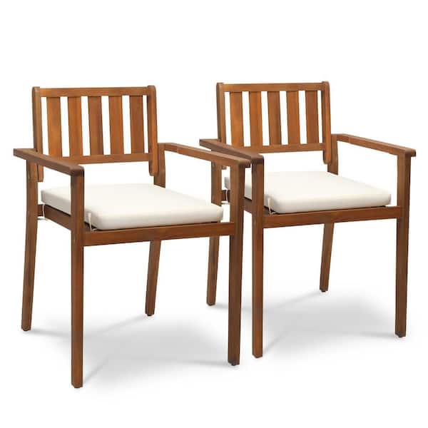 Patio Wooden Stacking Chair with White Cushions (Set of 2)
