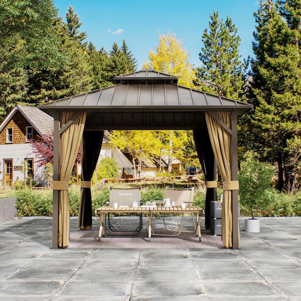 10 ft. x 10 ft. Aluminum Hardtop Outdoor Gazebo with Double Galvanized Steel Roof,Included Mosquito Netting and Curtains