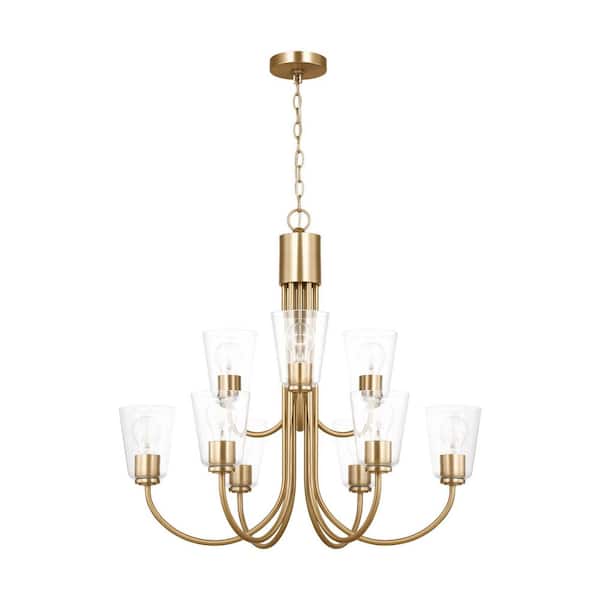 Generation Lighting - Miles 9-Light Satin Brass with Clear Glass Shades Transitional Dimmable Chandelier
