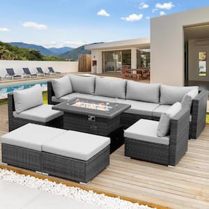 Modern 9-Piece Wicker Ratten Outdoor Conversation Sofa Furniture Set with Fire Pit Table Mist Cushions and Ottamans