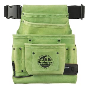 10-Pocket Nail and Tool Pouch with Belt Lime Green Suede Leather w/Hammer Holder and Measuring Tape Clip
