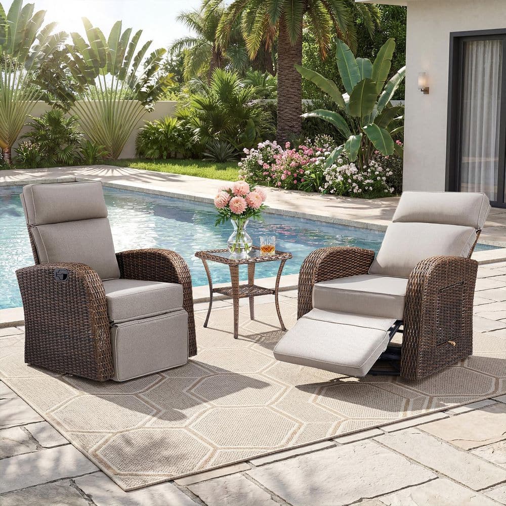 AMIKO 3-Piece Wicker Outdoor Recliner w/ 5 in. Beige Cushion, Adjustable Backrest and Footrest with 360° Swivel Rotation price history on PriceWatchPro