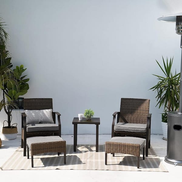 Drak Grey 5-Piece Metal Outdoor Bistro Set with Olefin Cushions Ottomans and Coffee Table