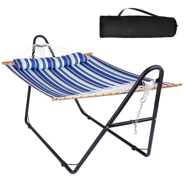 Atesun 10 ft. Quilted 2-Person Hammock Bed with Stand, up to 475-Capacity, Pillow Included, Blue Stripes