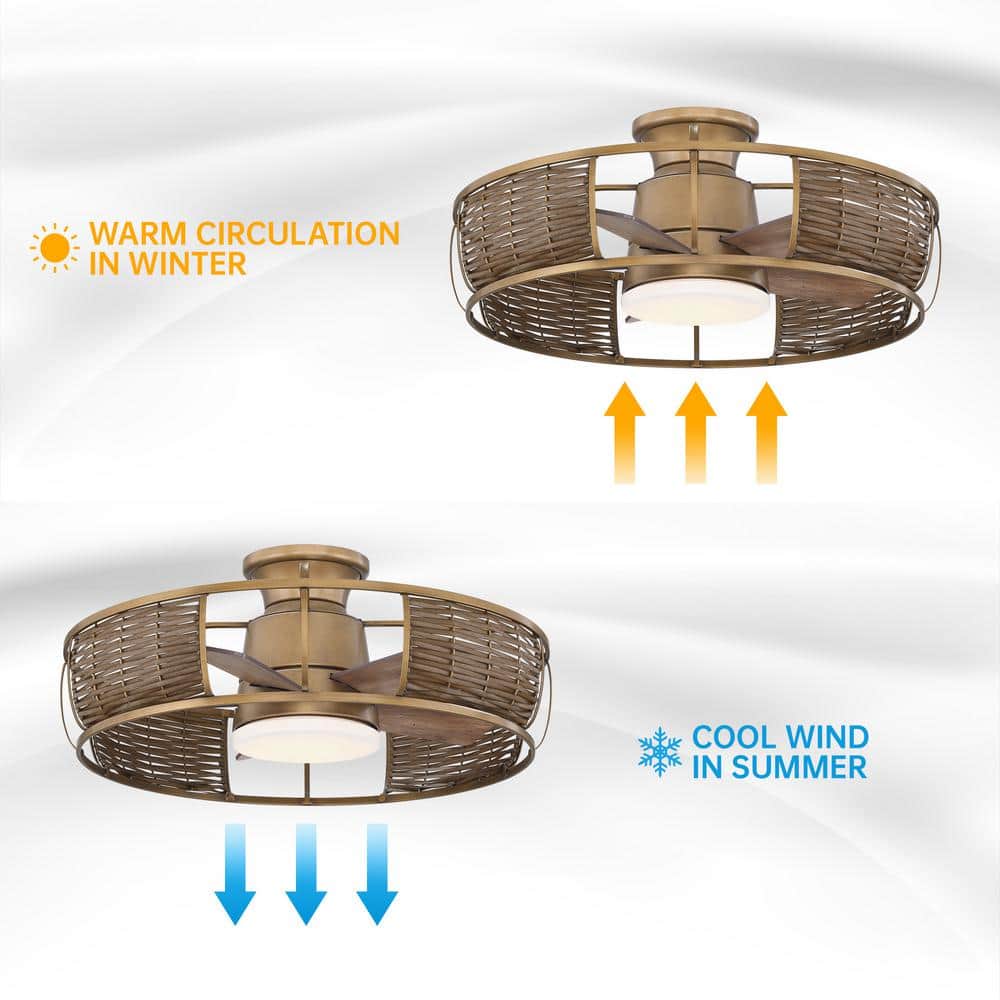 Natural Brass Rattan Flush Mount Ceiling Fan with LED Light and Remote