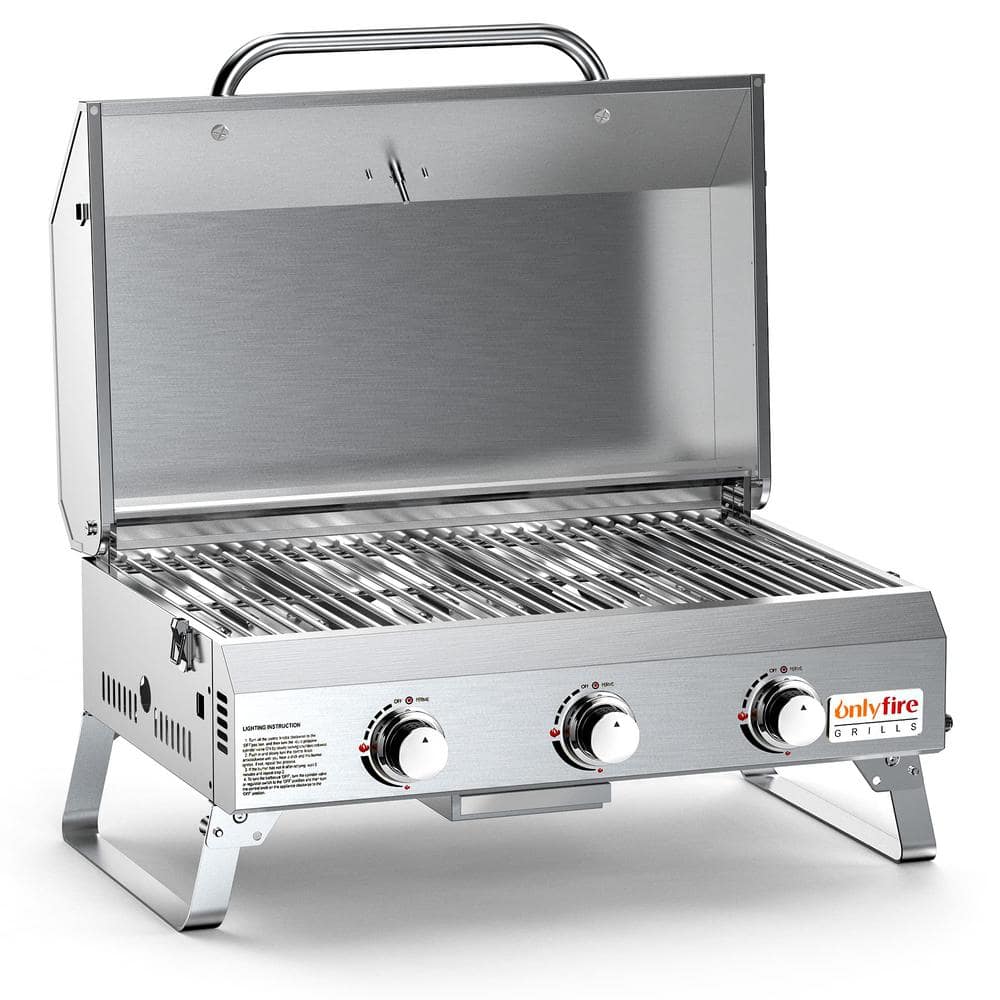 Onlyfire 24" Stainless Steel 3-Burner Portable Propane Grill with Foldable Legs