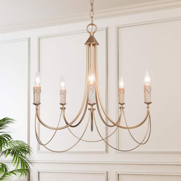 Modern Satin Gold French Country Farmhouse 5-Light Chandelier Vintage Candlestick High Ceiling Light
