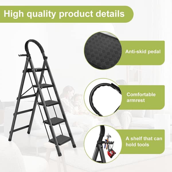 5-Step Iron Portable Step Stool (9 ft. Reach), 330 lb. Load Capacity, with a Shelf and Anti-Slip Wide Pedals