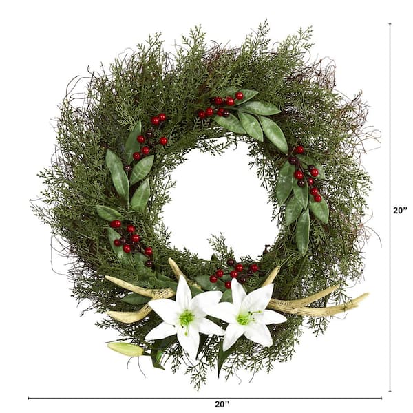 Nearly Natural 20 in. Cedar Antlers Lily and Ruscus with Berries Artificial  Wreath W1031 - The Home Depot