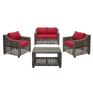 Briar Ridge 4-Piece Brown Wicker Outdoor Patio Conversation Deep Seating Set with CushionGuard Chili Red Cushions