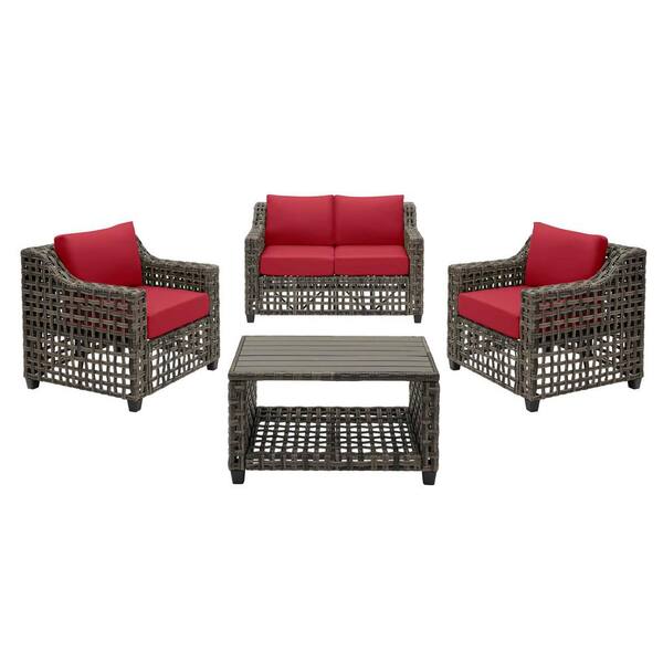 Hampton Bay Briar Ridge 4-Piece Brown Wicker Outdoor Patio Conversation Deep Seating Set with CushionGuard Chili Red Cushions