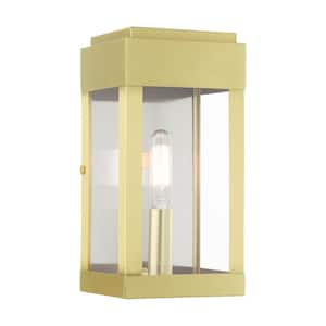 Ardenwood 9 in. 1-Light Satin Brass Outdoor Hardwired ADA Wall Lantern Sconce with No Bulbs Included