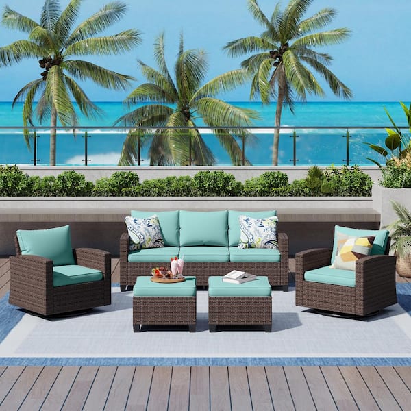 Brown Rattan Wicker 7 Seat 5-Piece Steel Patio Outdoor Sectional Set with Blue Cushions,2 Swivel Chairs,2 Ottomans