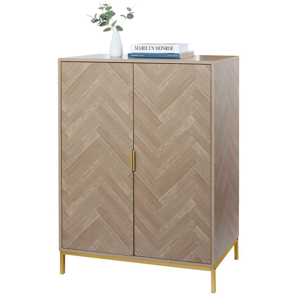 Natural Oak Herringbone Pattern 2-Door Accent Cabinet with Gold Base