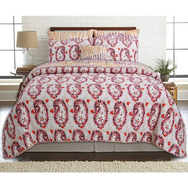 Cozy Line Home Fashions Paisley Leaf Floral Henna Stripe 3 Piece Beige Red Orange Coral Flowers Cotton Queen Quilt Bedding Set Bb20171113q The Home Depot