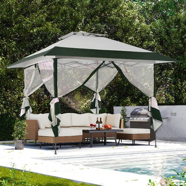 JEAREY 13 x 13 ft. Pop Up Gazebo with Netting Outdoor Patio Portable Canopy in Dark Green