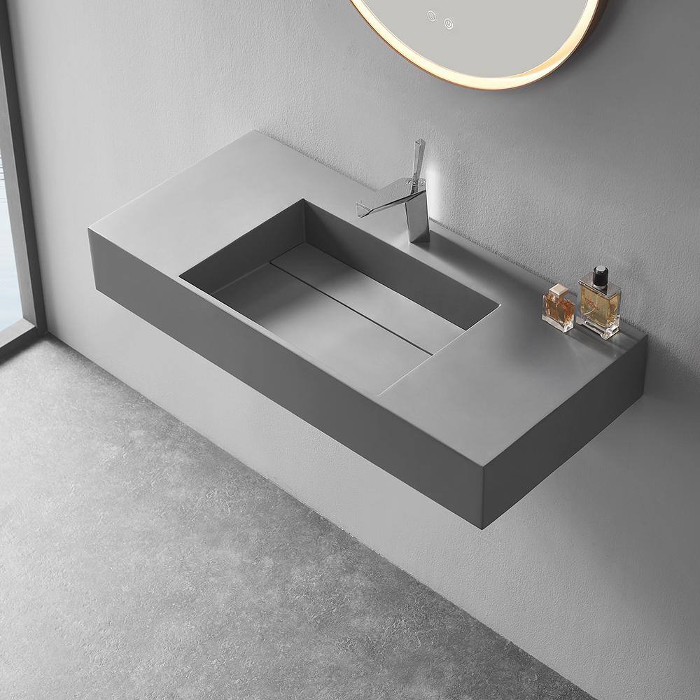 Matte Gray Rectangular Solid Surface Wall-Mount Bathroom Sink