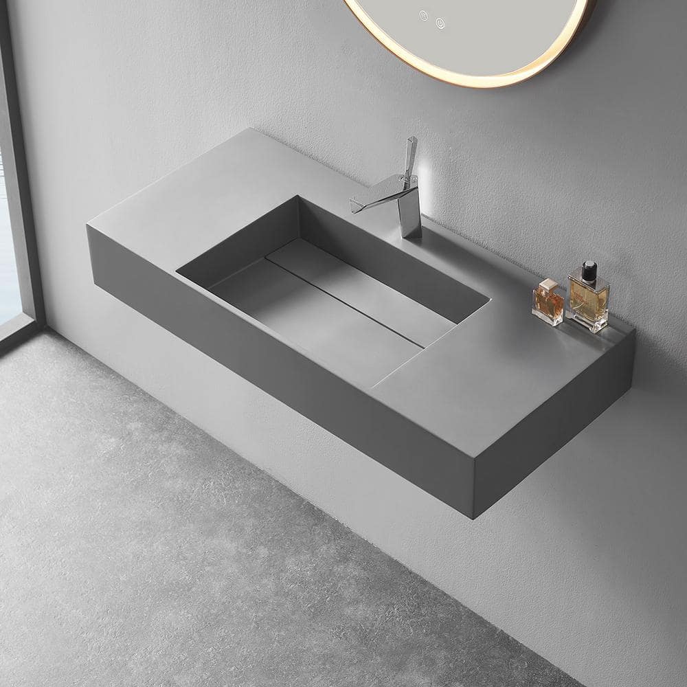 40" Matte Gray Rectangular Wall-Mount Solid Surface Vessel Sink