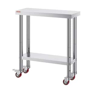 30 x 12 x 34 in. Stainless Steel Work Table 3-Stage Adjustable Shelf with 4-Wheels, Kitchen Prep Table, Silver