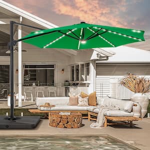 11 ft. Round Solar LED Aluminum 360-Degree Rotation Cantilever Offset Outdoor Patio Umbrella with Base in Kelly Green