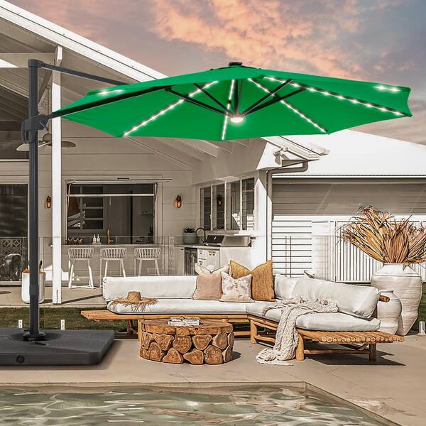 Sonkuki 11 ft. Round Solar LED Aluminum 360-Degree Rotation Cantilever Offset Outdoor Patio Umbrella with Base in Kelly Green