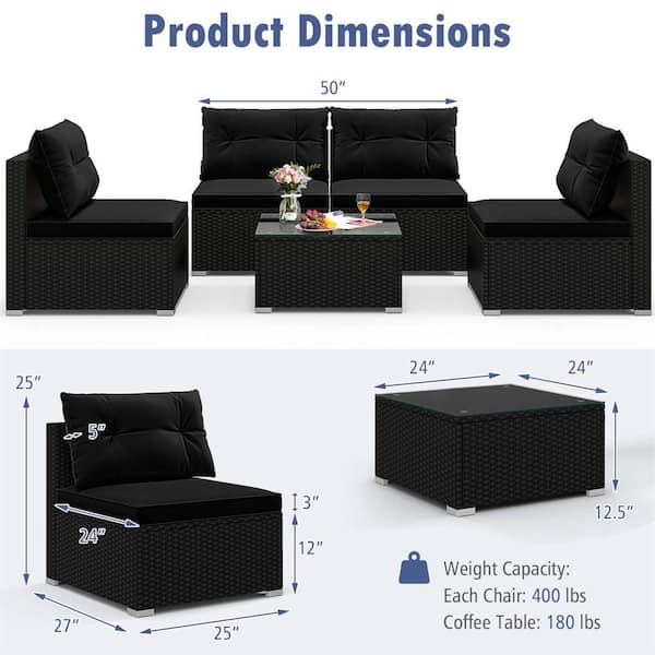 Costway 5-Piece Wicker Patio Conversation Set with Tempered Glass Tabletop and Seat and Back Black Cushions HCST04834