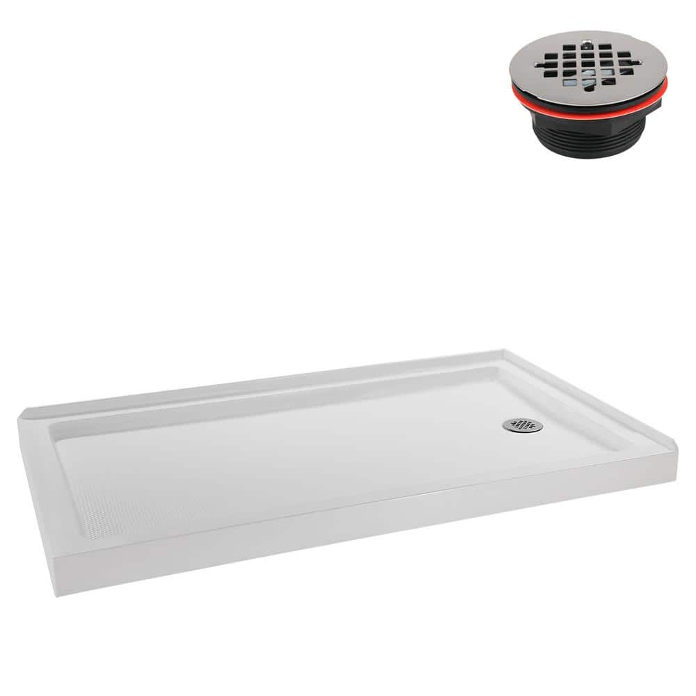 Glossy White Rectangular Acrylic Shower Base with Round Drain