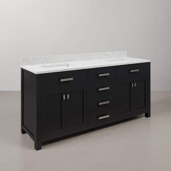 Madison 72 in. W x 21.5 in. D x 34 in. H Double Sink Bath Vanity in Espresso with Carrara White Marble Top