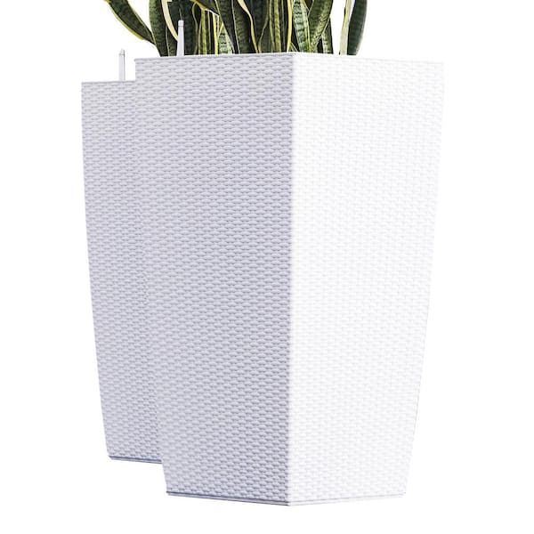X Brand Xbrand 30 in. Tall White Nested Rattan Self Watering Indoor/Outdoor Square Planter Pot (Set of 2)