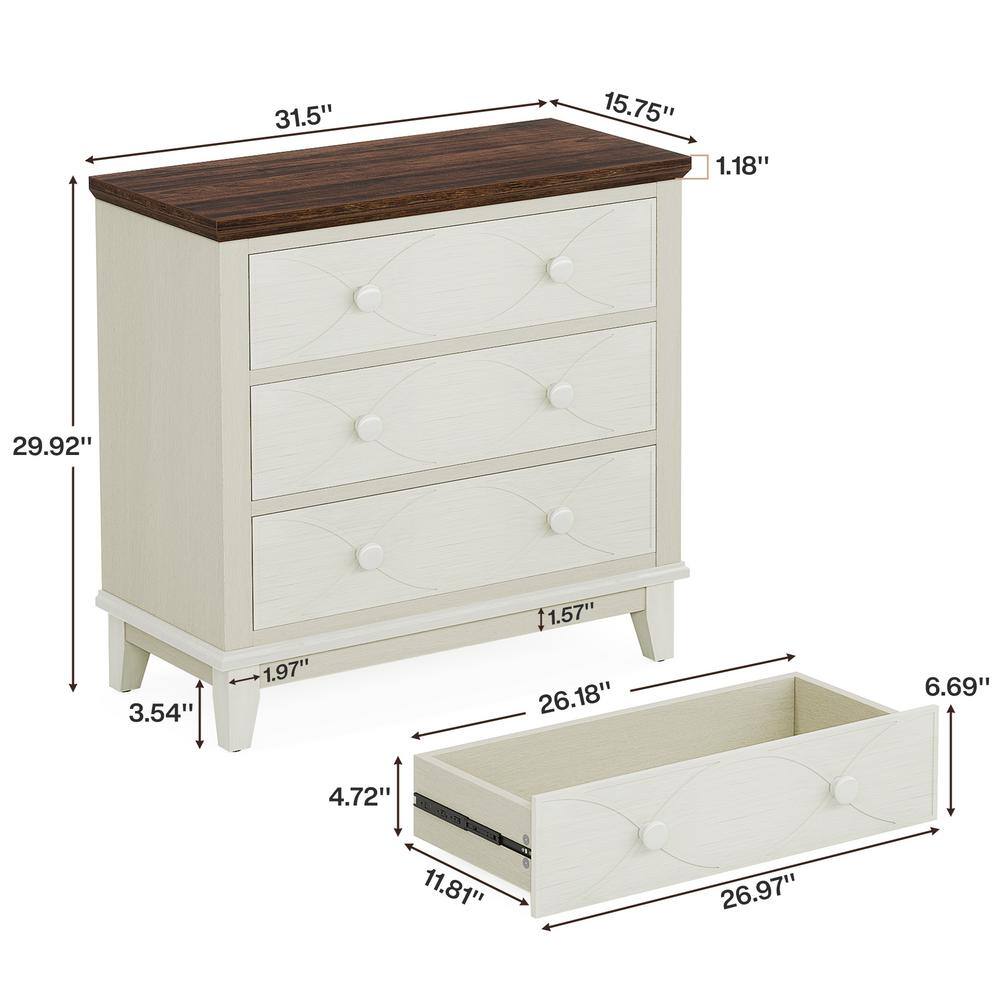 Distressed White and Brown 3-Drawer Farmhouse Nightstand