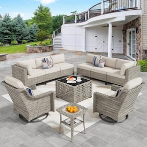 Thor 10-Piece Wicker Patio Conversation Seating Sofa Set with Beige Cushions and Swivel Rocking Chairs
